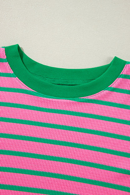 Rosa gestreiftes Rundhals-Sweatshirt mit Waffelstrick in Übergröße