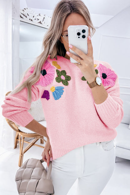 Rosa Strickpullover mit Blumenmuster und geripptem Rand