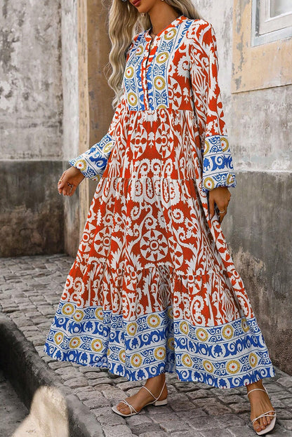 Oranges Boho-Maxikleid mit geometrischem Print und langen Ärmeln
