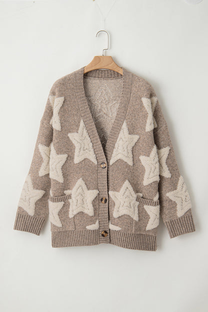 Khakifarbener Sherpa-Strickpullover mit Sternenmuster und Taschen