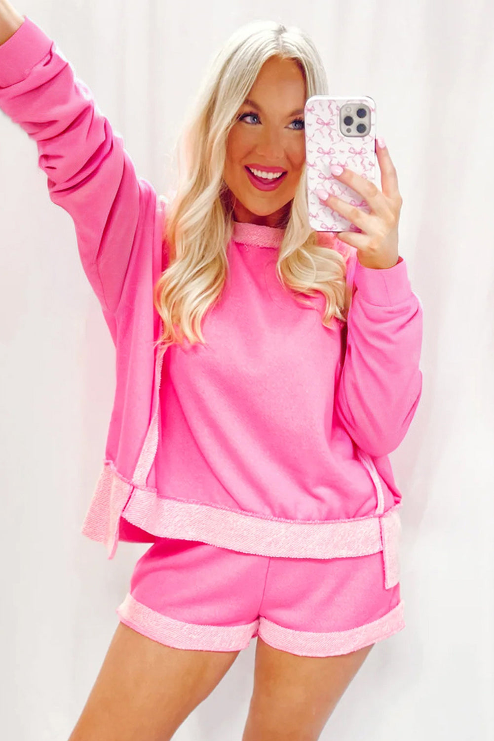 Sachet Pink High Low Patchwork Langarm-Top und Shorts Set