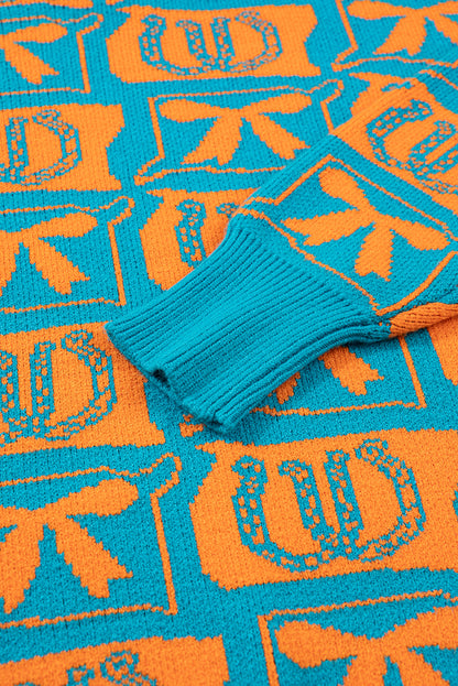 Light Blue Bows & Horseshoes Pattern Western Fashion Print Sweater