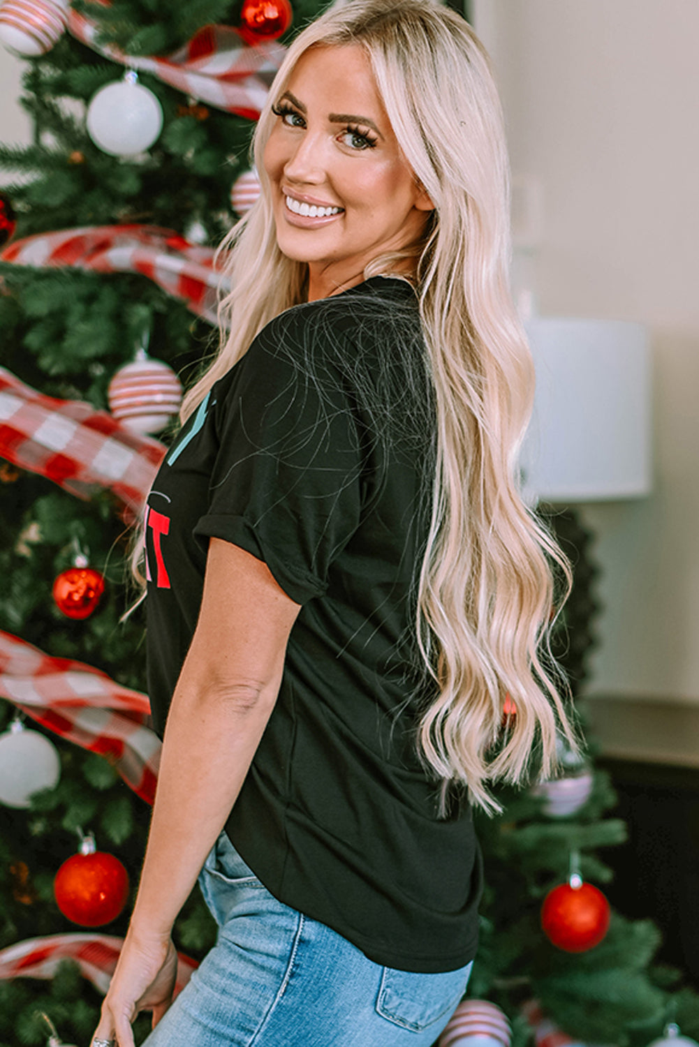 Schwarzes MERRY and BRIGHT T-Shirt mit Rundhalsausschnitt und Grafik