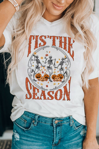Weißes Halloween-T-Shirt mit tanzendem Skelett-Grafik