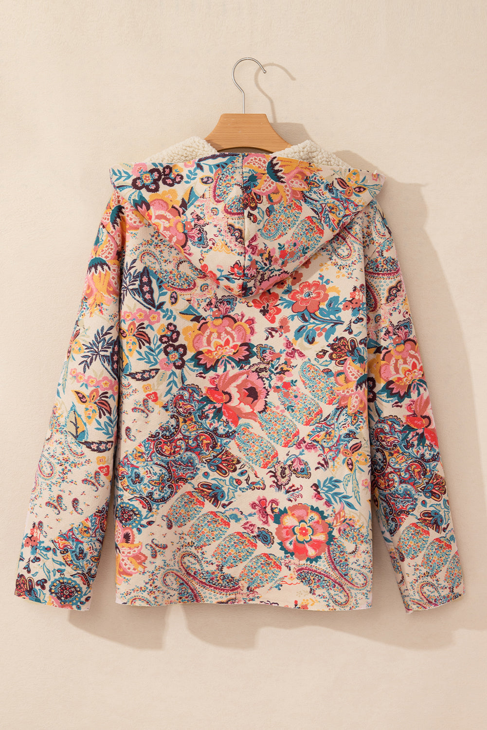 Beige Vintage Paisley Blumendruck Sherpa-gefütterte Kapuzenjacke