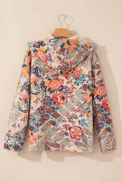 Beige Vintage Paisley Blumendruck Sherpa-gefütterte Kapuzenjacke