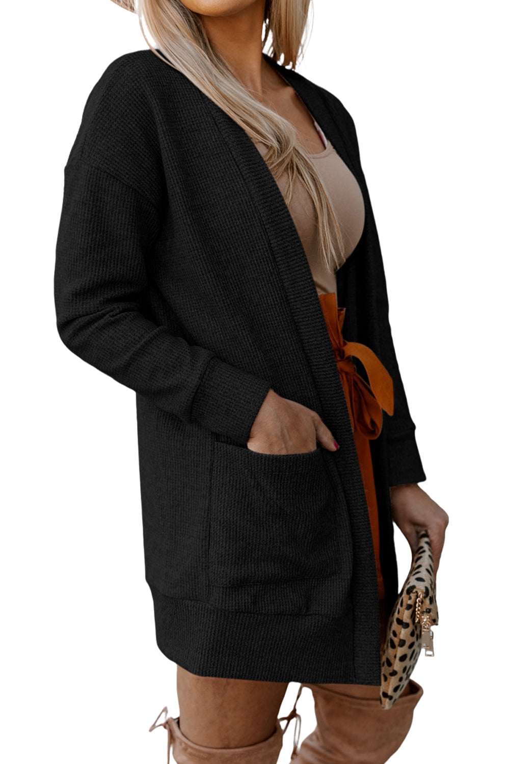 Schwarzer Thermo-Waffelstrick-Cardigan mit Taschen