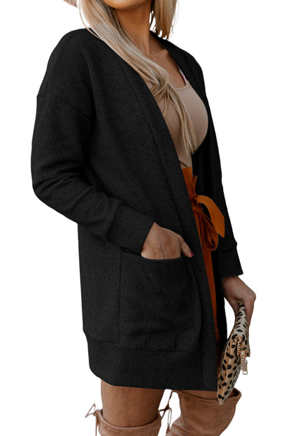 Schwarzer Thermo-Waffelstrick-Cardigan mit Taschen