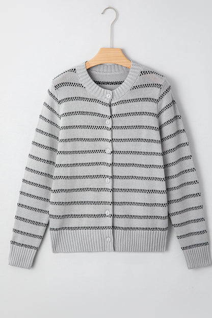 Gray Stripe Button Front Ribbed Trim Short Cardigan