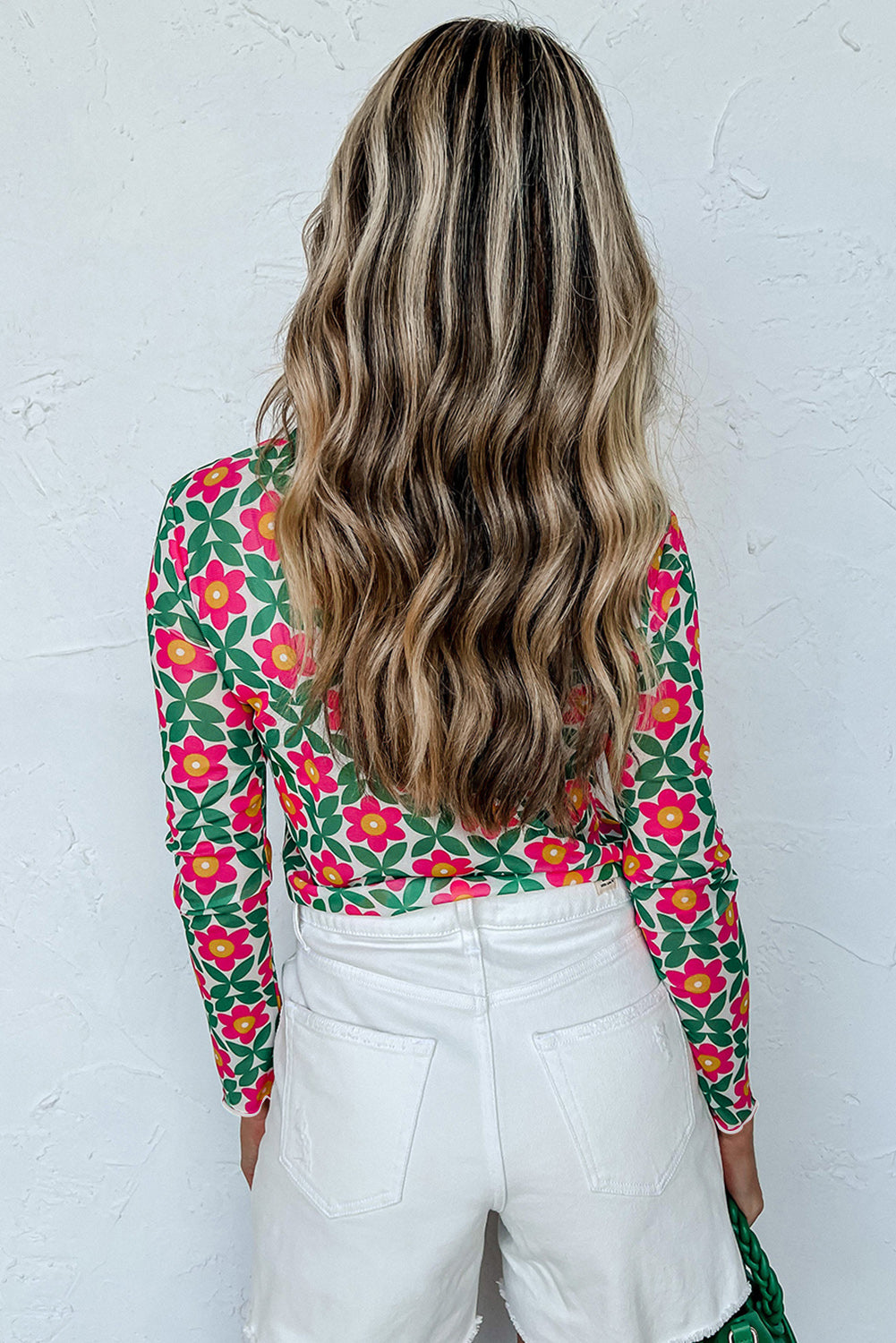 Feurig rotes, dehnbares Langarm-Top mit Retro-Blumendruck