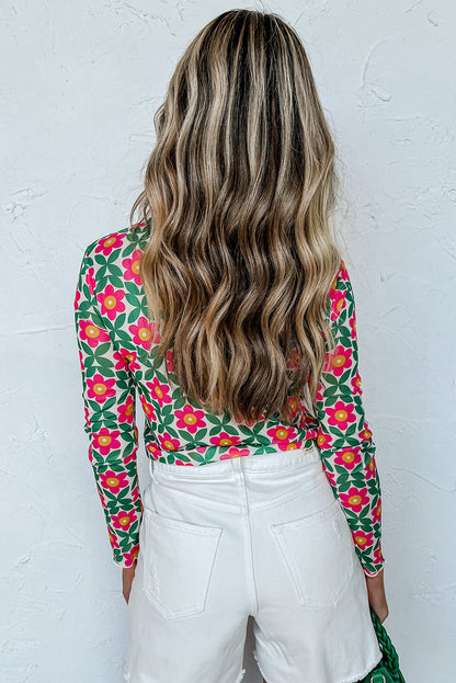 Feurig rotes, dehnbares Langarm-Top mit Retro-Blumendruck