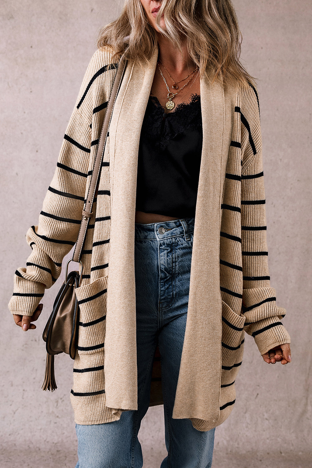 Schwarz gestreifter offener Cardigan mit Schalkragen und Taschen