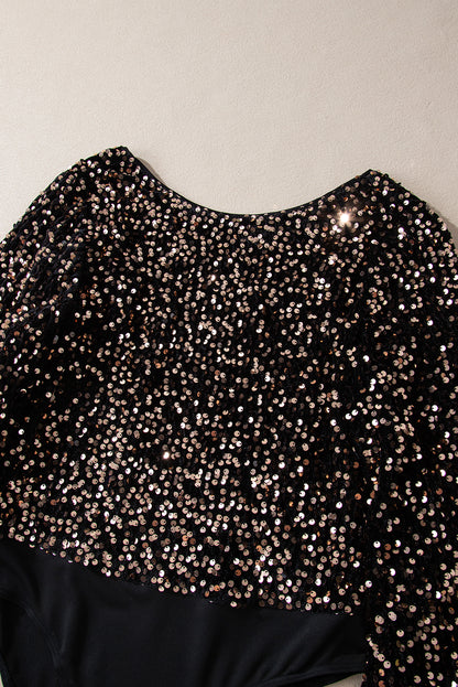 Schwarzer Bodysuit mit tiefem V-Ausschnitt und Pailletten und Puffärmeln