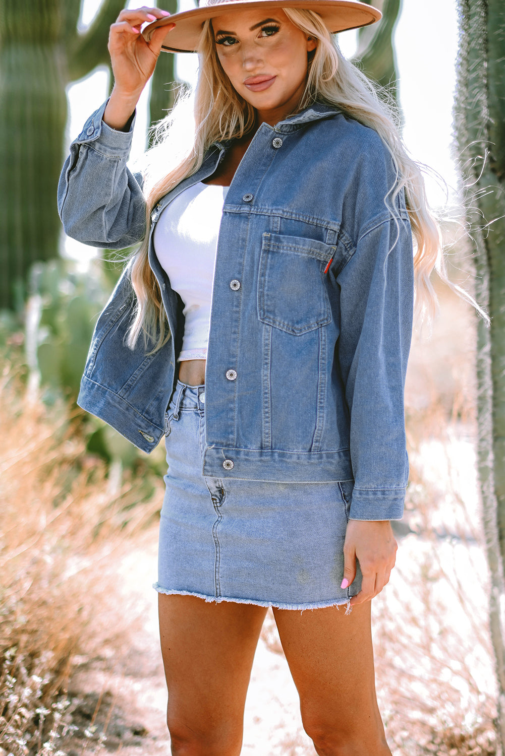 Wild Wind Washed Oversize-Jeansjacke mit Taschen