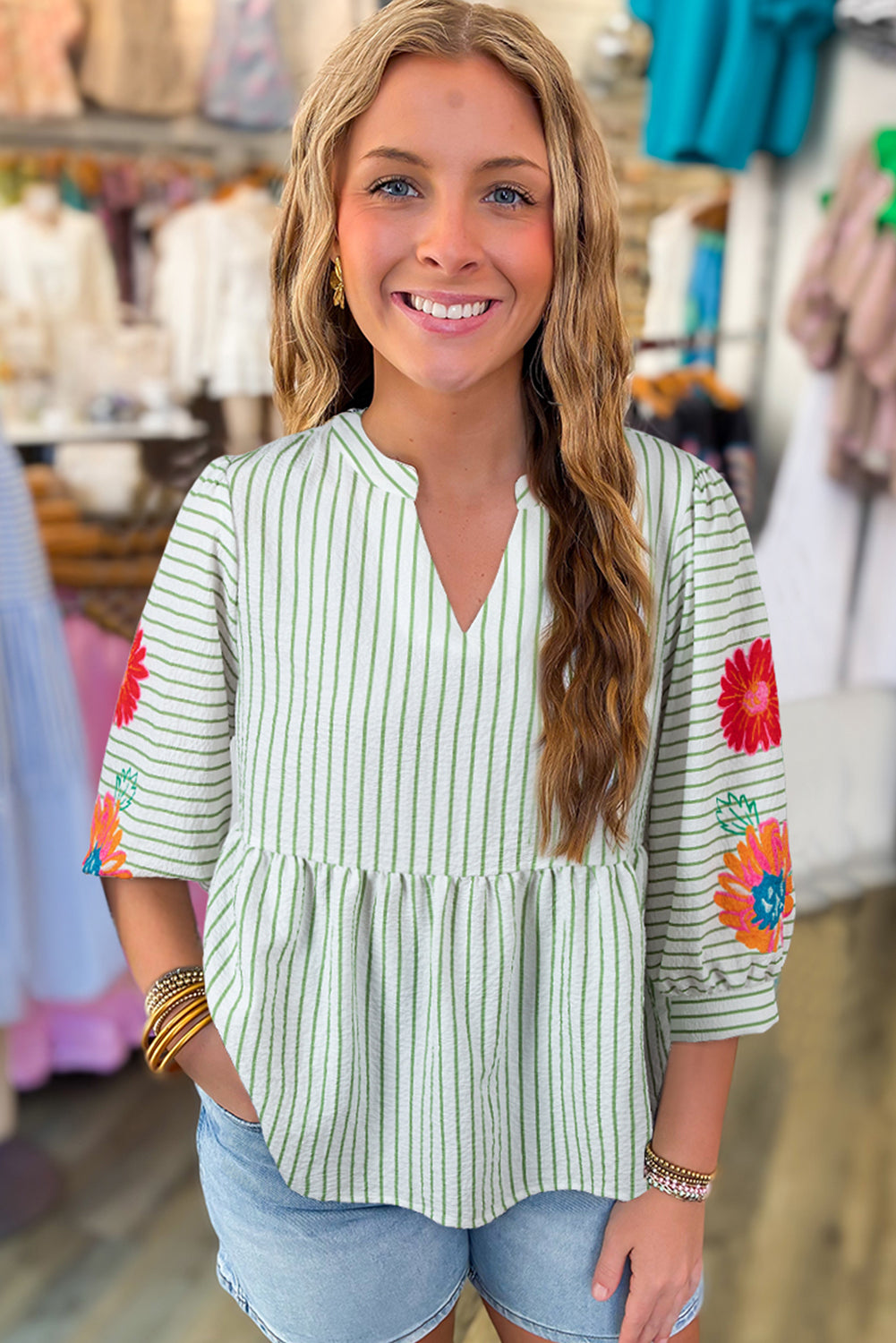 Green Stripe Flower Puff Sleeve Notched V Neck Babydoll Blouse