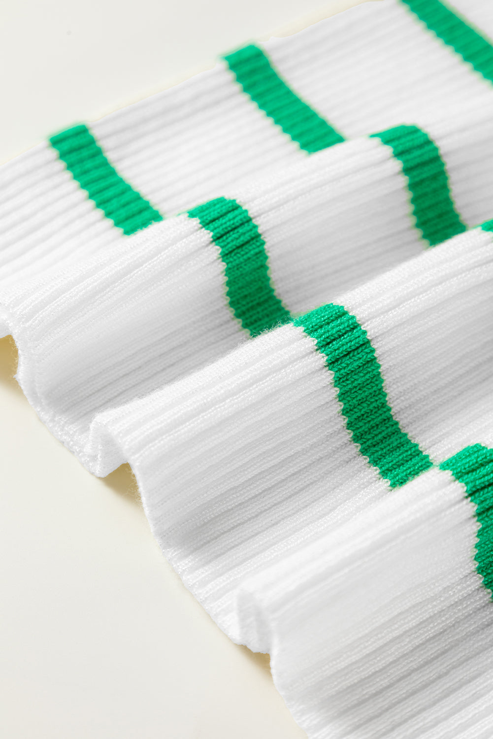 Bright Green Scalloped Trim U Neck Striped Ribbed Slim Sweater