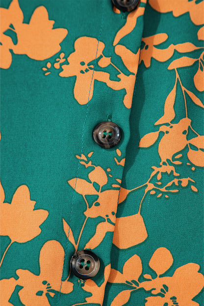 Grünes, fließendes, kurzes Tunika-Kleid mit Blumenmuster und Kordelzug