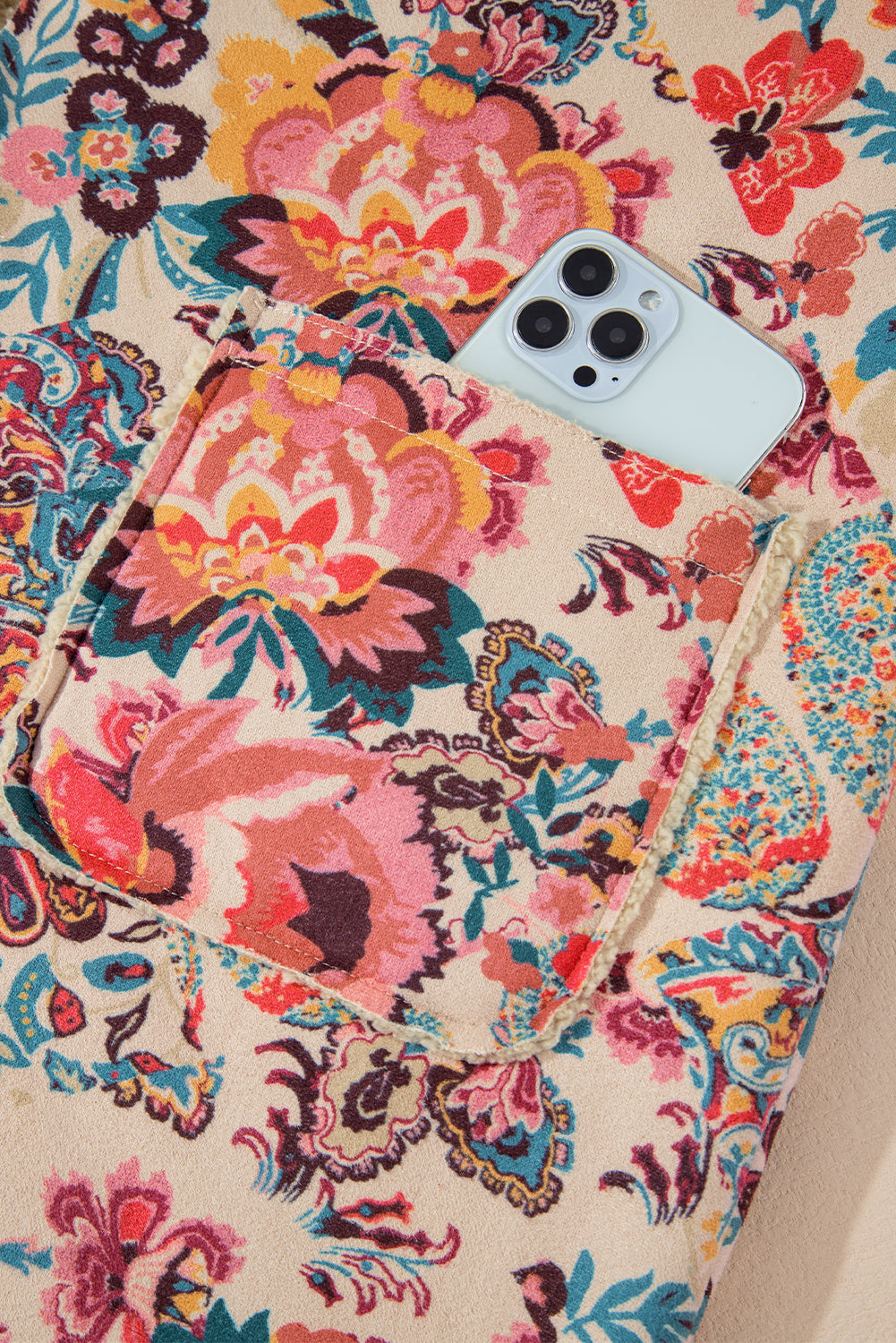 Beige Vintage Paisley Blumendruck Sherpa-gefütterte Kapuzenjacke