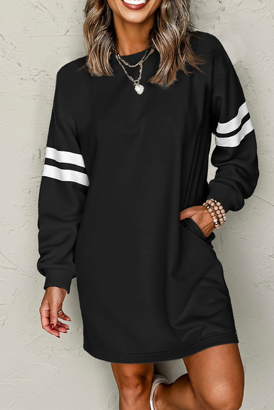 Black Varsity Contrast Banded Sleeve Shift Sweatshirt Dress