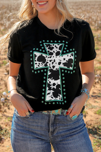 Schwarzes T-Shirt mit Tiermuster und Kreuzgrafik