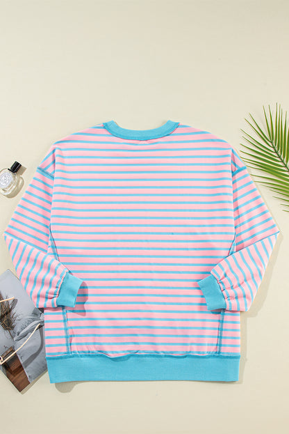 Rosa gestreiftes High-Low-Pullover-Tunika-Sweatshirt mit Kontrastbesatz