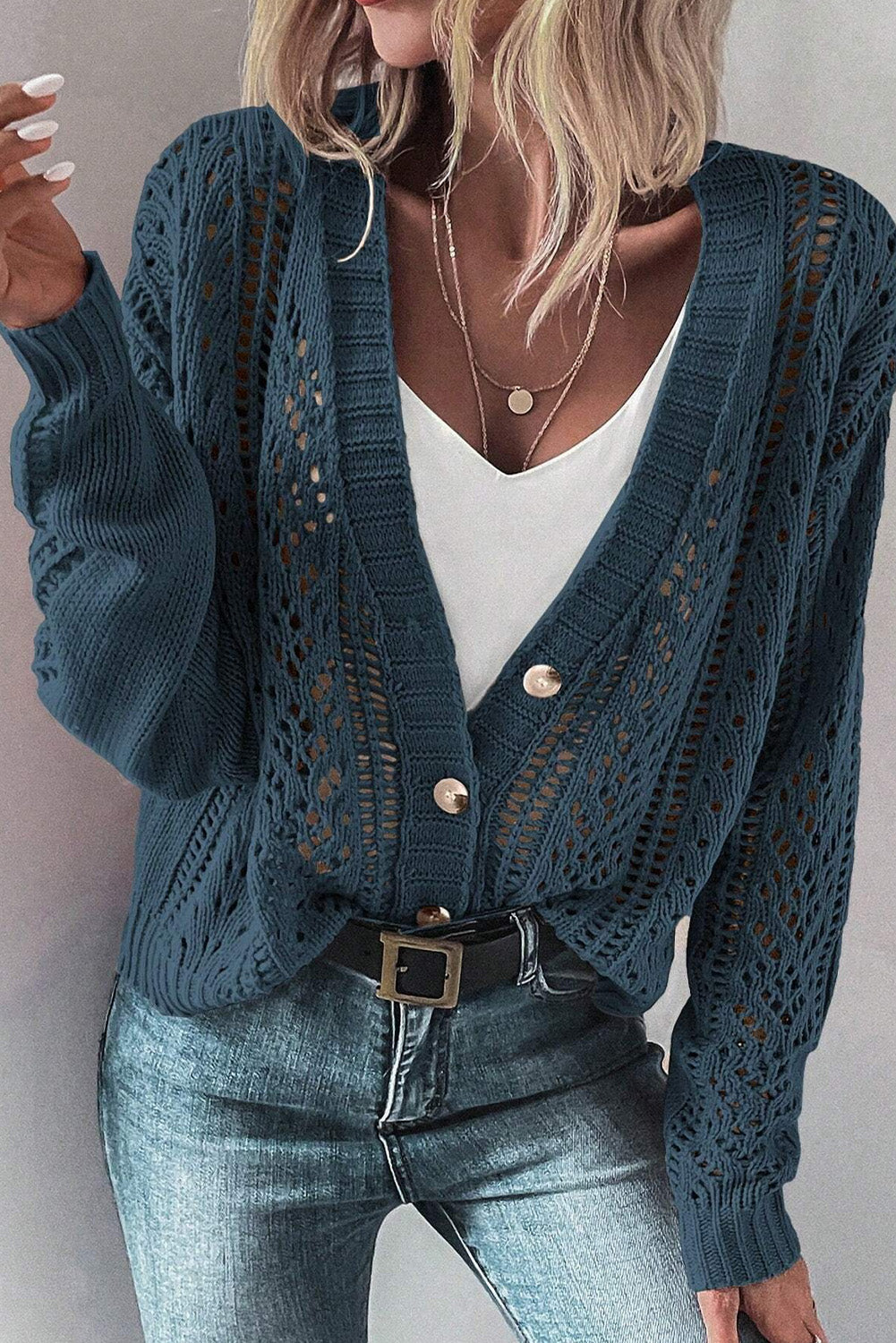 Real Teal Offener Strickpullover mit überschnittenen Schultern
