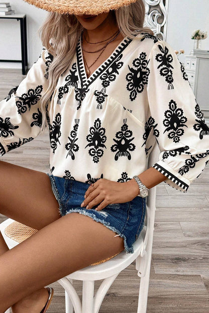 Beige Vintage Bluse mit 3/4-Ärmeln und V-Ausschnitt und geometrischem Muster