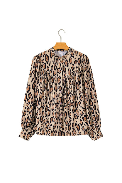 Helles französisches Beige, Oversize-Freizeithemd mit Ballonärmeln und Leopardenmuster
