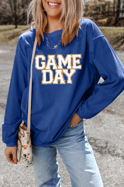 Dunkelblaues GAME DAY-Sweatshirt mit Glitzerdetail und überschnittener Schulterpartie