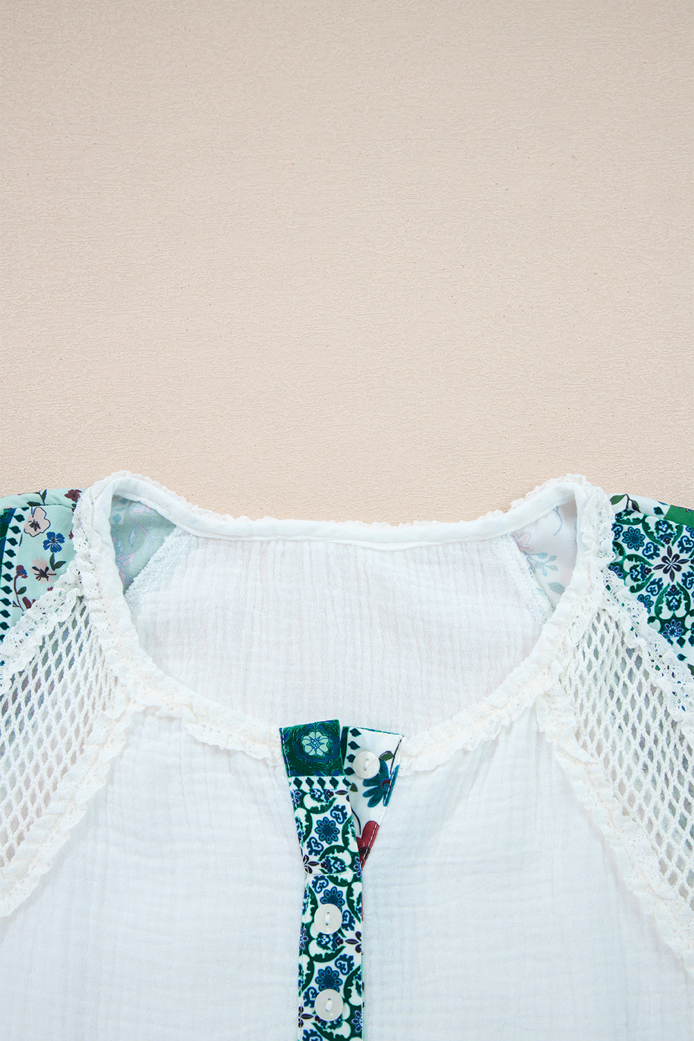 White Plant Mesh Patched Color Block Half Button Blouse