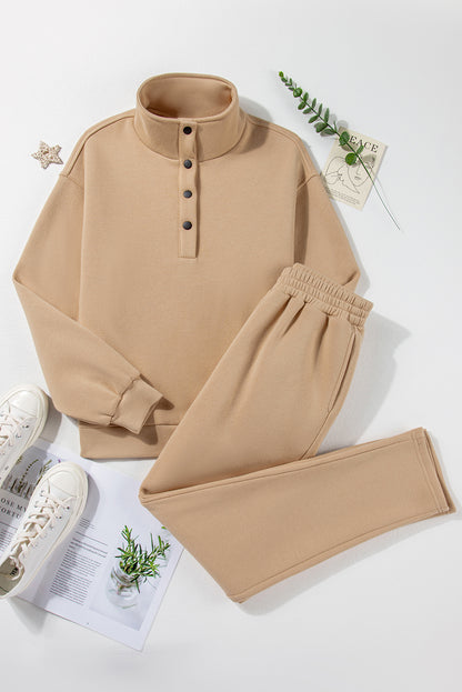 Parchment Solid Set aus Sweatshirt mit halben Knöpfen und Jogginghose mit hoher Taille