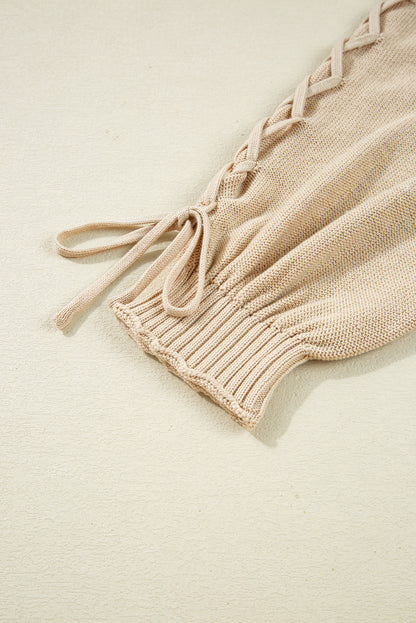 Parchment Cable Knit Braided Tie Sleeve Plus Size Open Cardigan