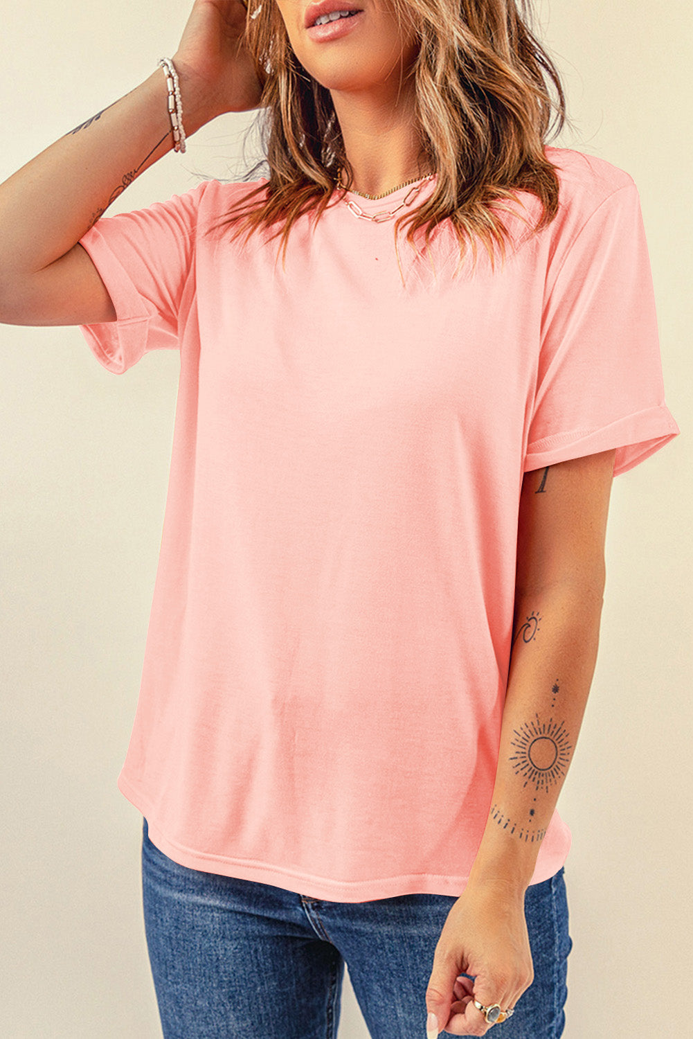 Lässiges, schlichtes Rundhals-T-Shirt in Rosa
