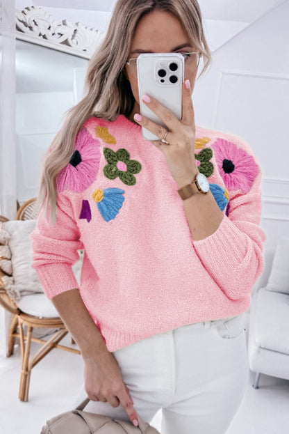 Rosa Strickpullover mit Blumenmuster und geripptem Rand
