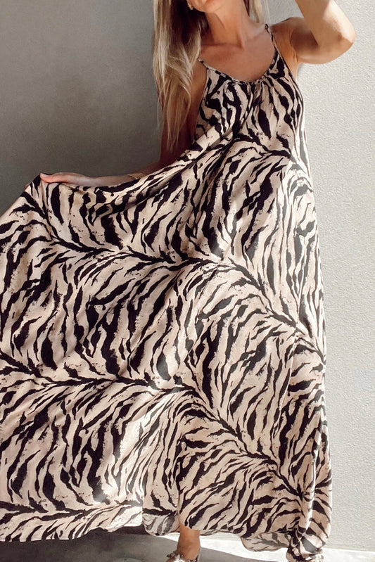 Schwarzes, lockeres Maxi-Sommerkleid im Boho-Stil mit offenem Rücken und abstraktem Print