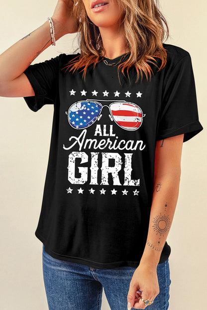 Schwarzes T-Shirt mit „Stars and Stripes Glasses“-Slogan