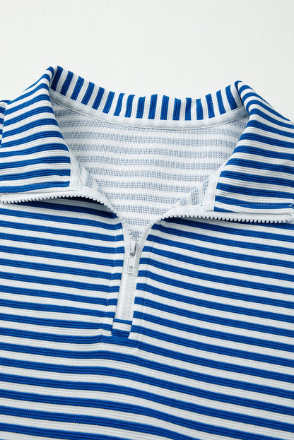 Blue Stripe Quarter Zip Collar Pullover Long Sleeve Top
