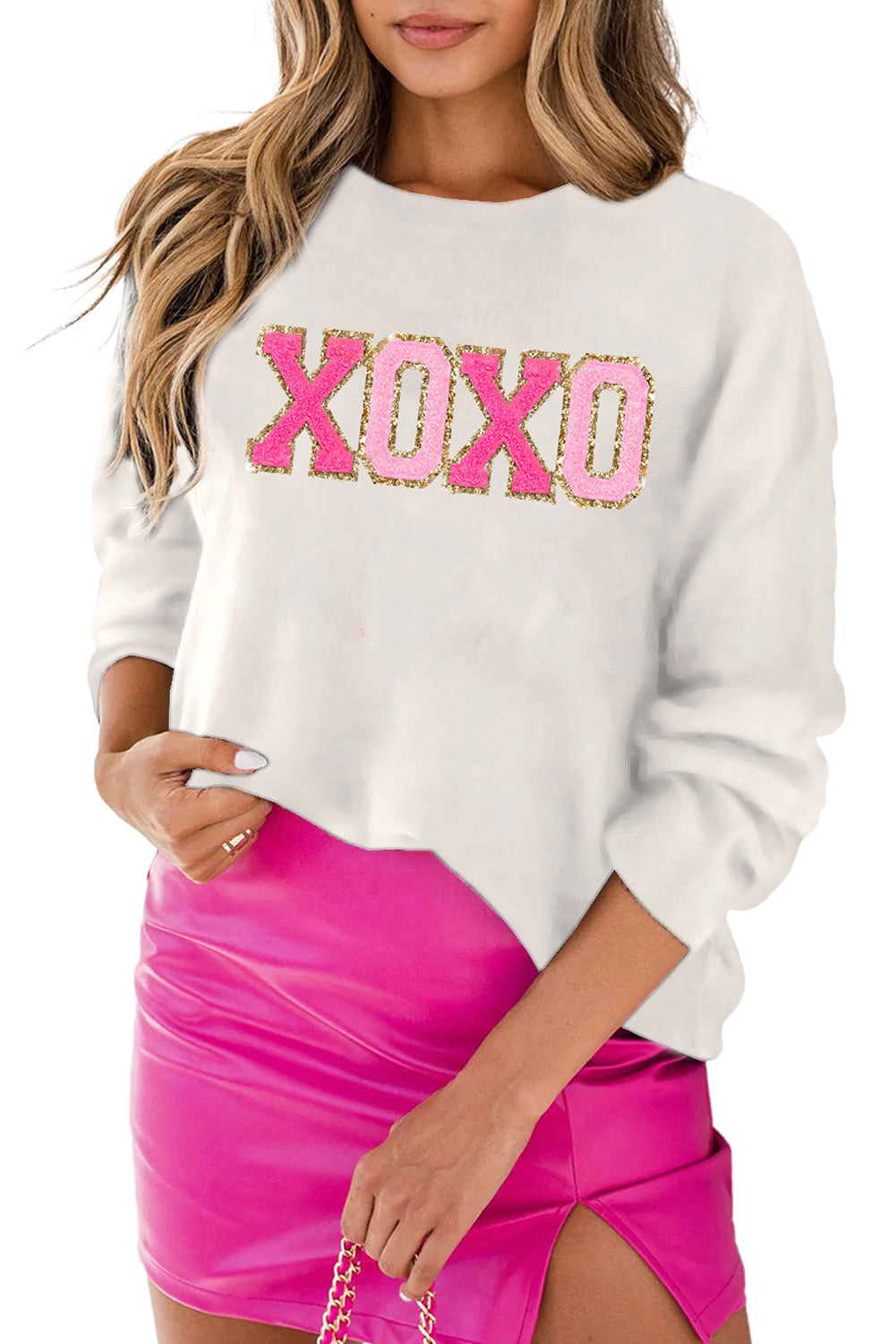 Weißer XOXO-Freizeitpullover mit Glitzer-Print und Rundhalsausschnitt