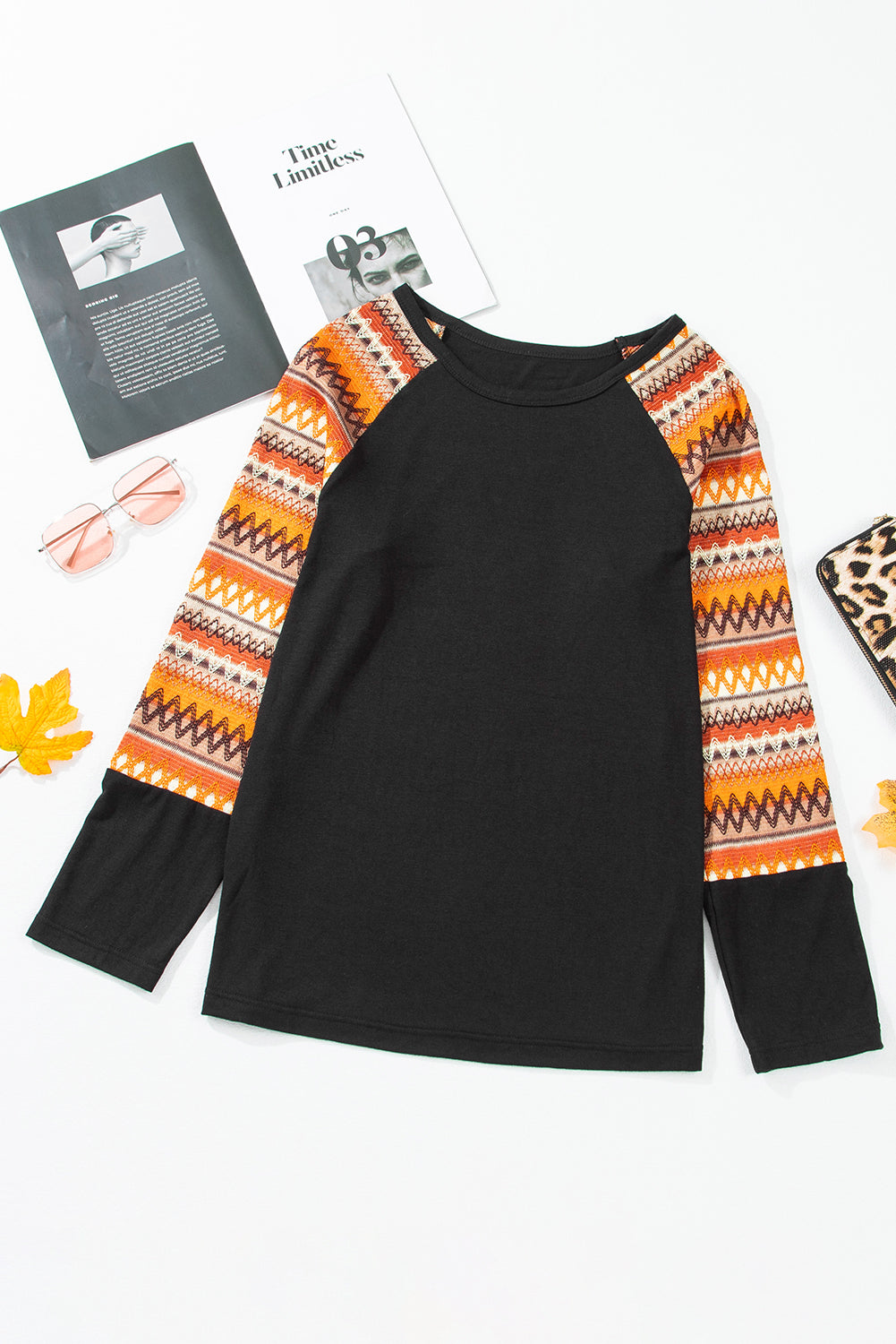 Oranges Raglan-Patchwork-Langarm-T-Shirt mit Geo-Print