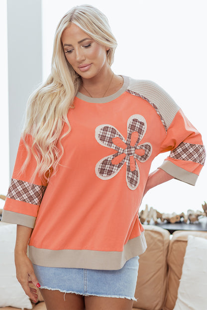 Grapefruit Orange Plaid Waffle Flower Patchwork Bracelet Sleeve Top