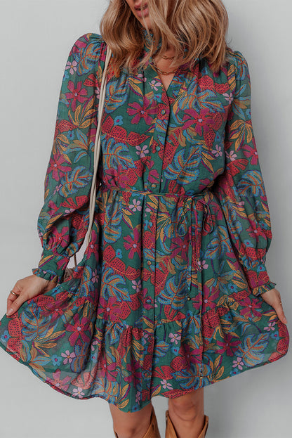 Green Floral Friled V Neck Puff Sleeve Ruffled Shirt Dress