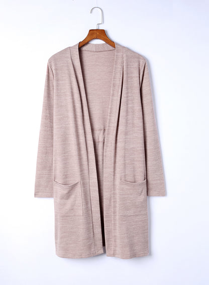 Rosa Tunika-Strickjacke mit offener Vorderseite und Taschen