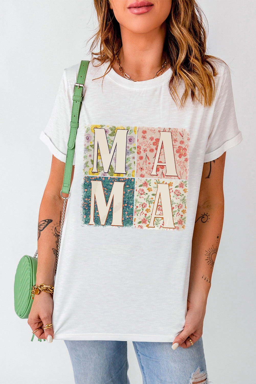 Weißes MAMA Lässiges T-Shirt mit Blumenblockgrafik