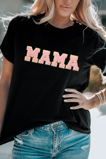 Schwarzes MAMA Chenille-T-Shirt mit Grafik