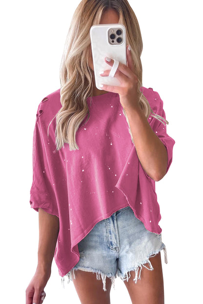 Rosa, gebleichtes Top mit asymmetrischem Saum im Used-Look und kurzen Ärmeln