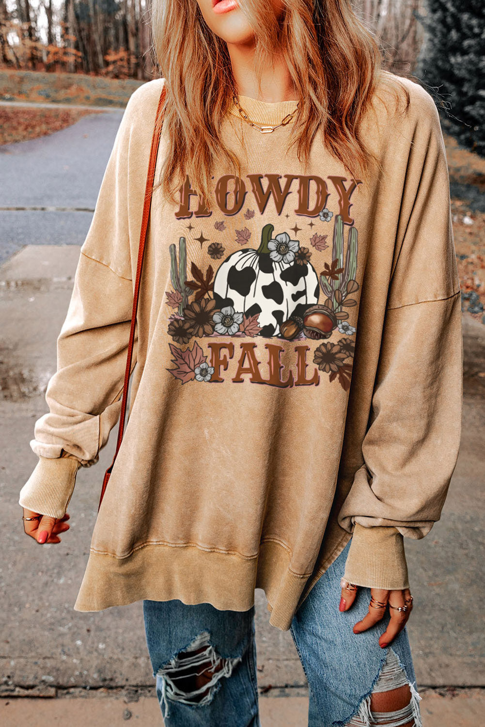 Khakifarbenes Sweatshirt „HOWDY FALL“ mit Kürbis-Print und geteiltem Saum