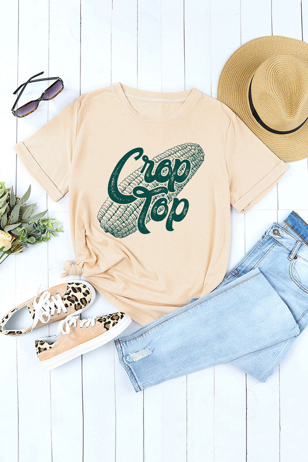 Khakifarbenes Crop-Top mit Mais-Grafik