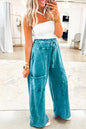 Lapis Mineral Wash Lace-up High Waist Raw Hem Patched Pocket Pants