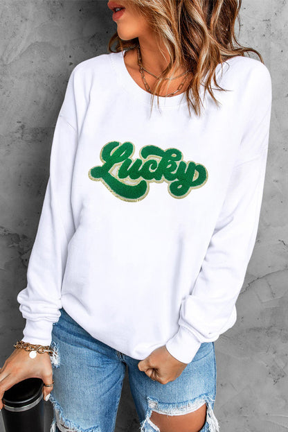 Weißes Chenille-Sweatshirt mit glänzendem Besatz und Glücksmuster
