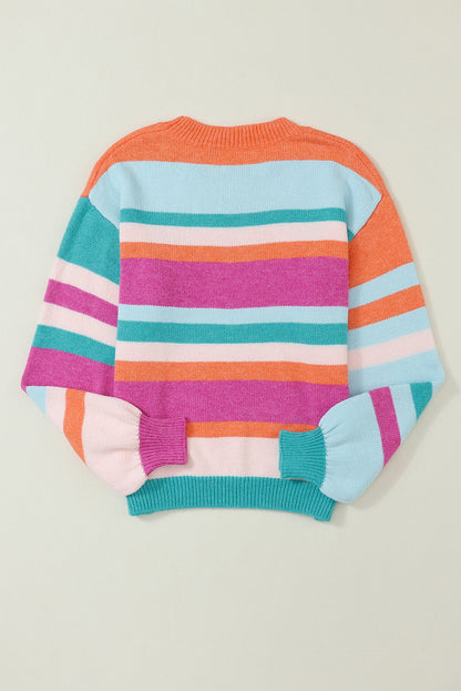 Mehrfarbig gestreifter Strickpullover mit tief angesetzten Schultern und Puffärmeln